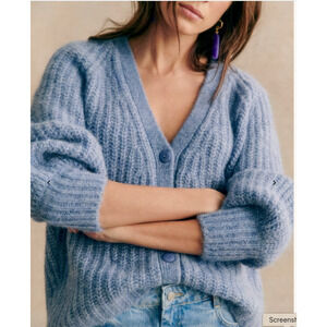 Sezane Women's Basile Cardigan Alpaca Wool Sweater Size XL Vintage Blue